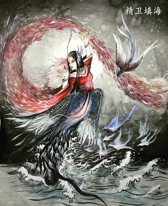 有鸟焉,其状如乌,文首,白喙,赤足,名曰精卫,是炎帝之少女,名曰女娃.