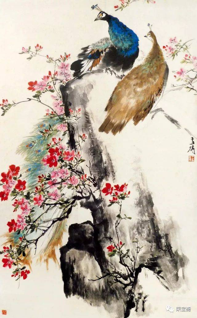 王雪涛 山花孔雀 85cm×132cm 约1961