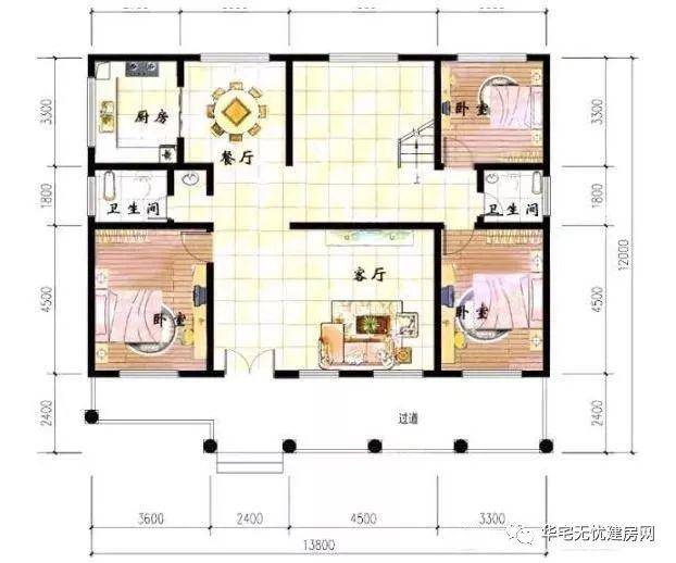 带小阁楼的设计户型,阁楼开窗增加采光,建筑设双侧门外廊,多立柱的