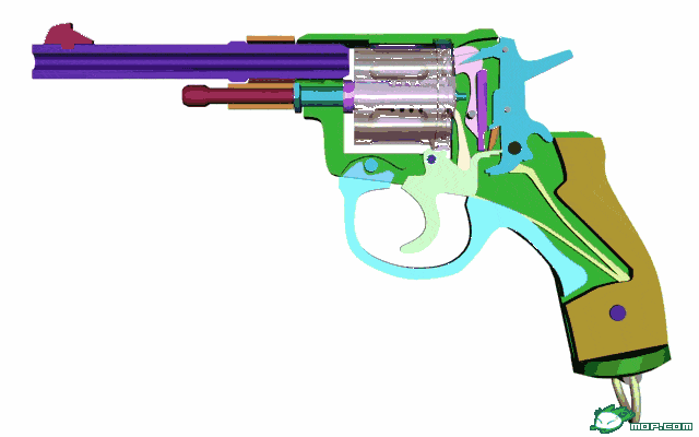 点击扳机,看看左轮手枪怎样射击.左轮手枪