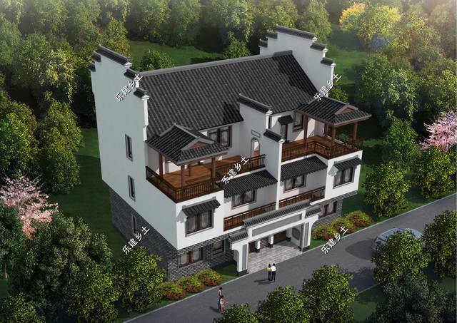 湖北赤壁三层13x17米徽派双拼别墅设计造型对称满足不同需求