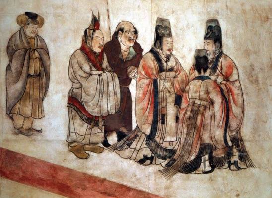 3-4-1 章怀太子墓礼宾图图中头戴笼冠,身穿红色