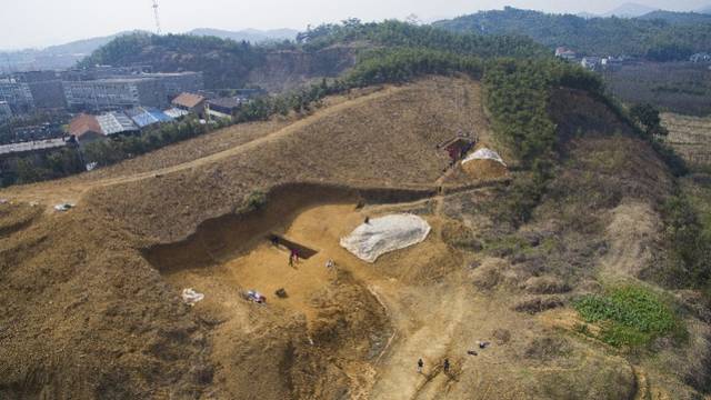 老虎岭遗址发掘现场鸟瞰 记者 法鑫 摄