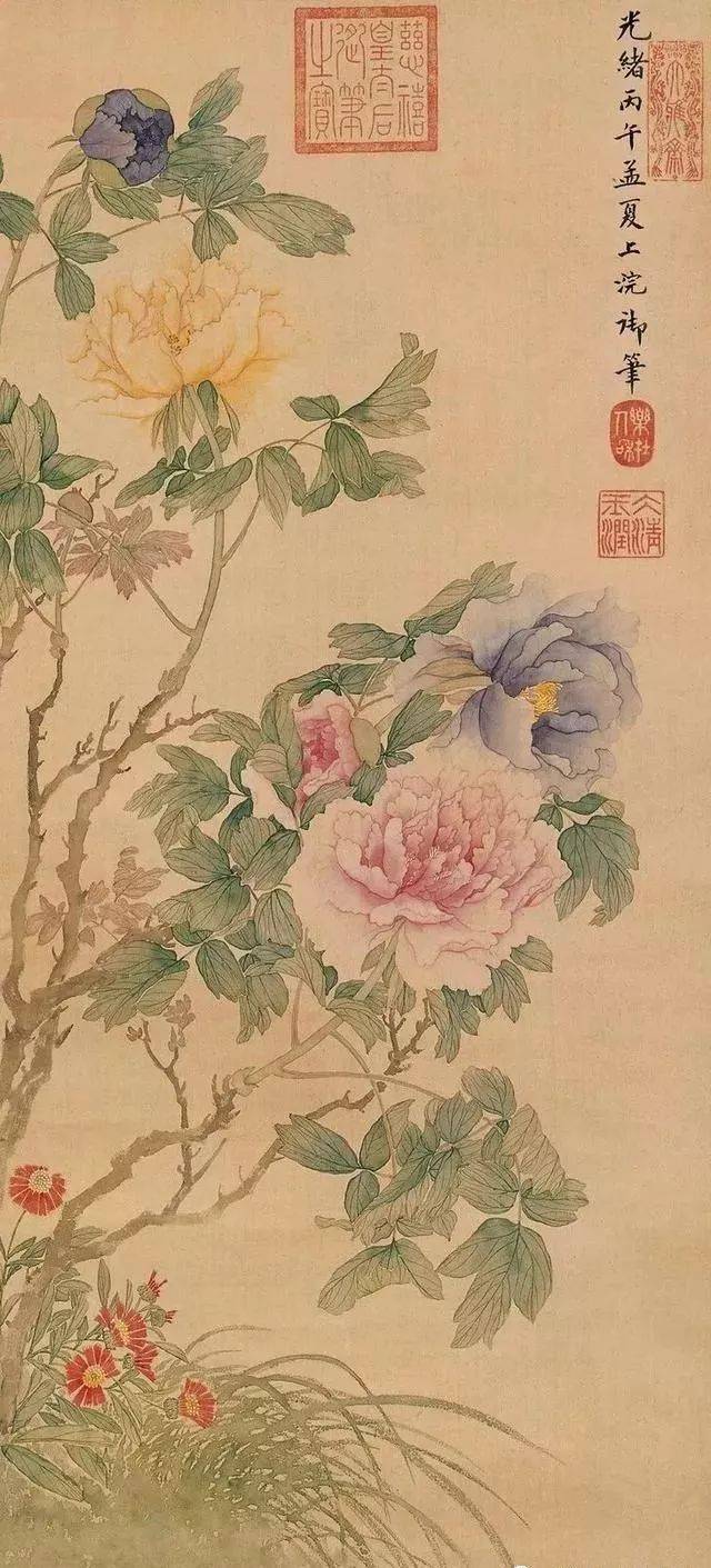 掛軸】慈禧 西太后 紅桃 中国美術 1835-1908 絹本 肉筆時代保証