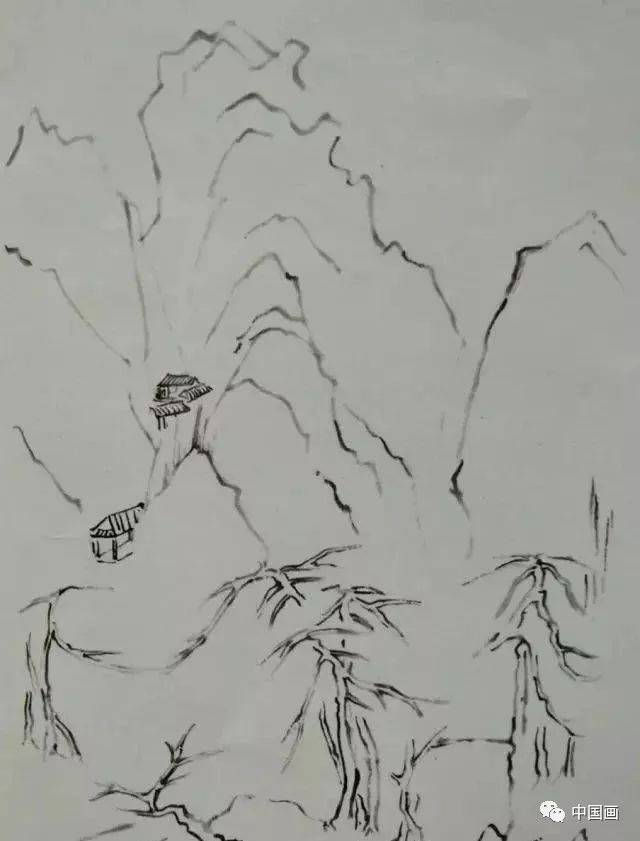 2.接着,皴画山体,为树木添加树叶,并用淡漠罩染山体.