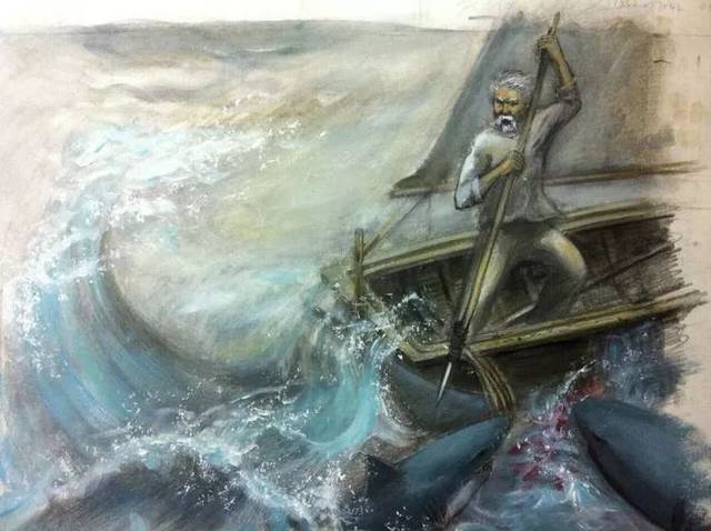 白色借着微弱的天光,老人理了理他的鱼钩,鱼叉和那张绕在桅杆上的旧帆