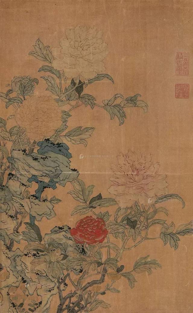 lot 0761清 缂丝牡丹寿石图 钤印:"三希堂精鉴玺","宜子孙"  尺寸:54