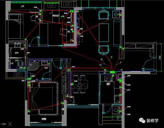 看线路图主要是了解预埋线管分布的走向和数量,例如下图,红线就是电管
