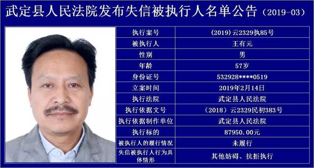 王有元(2019)云2329执85号 指《最高人民法院关于公布失信被执行人