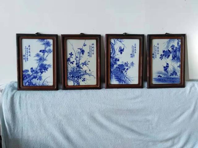 精品赏析—王步花鸟青花瓷板画四条屏_搜狐网