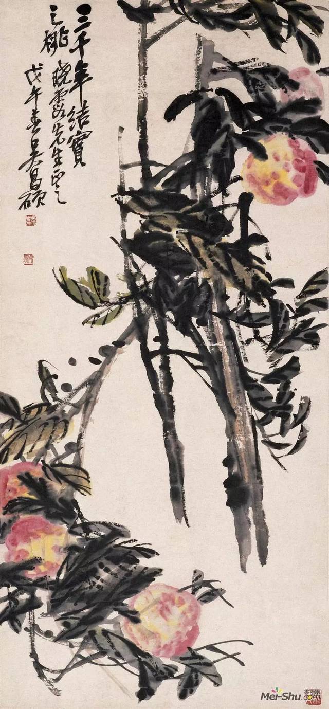 《三千年结实之桃》 吴昌硕 1918年 96×45厘米 纸本水墨设色