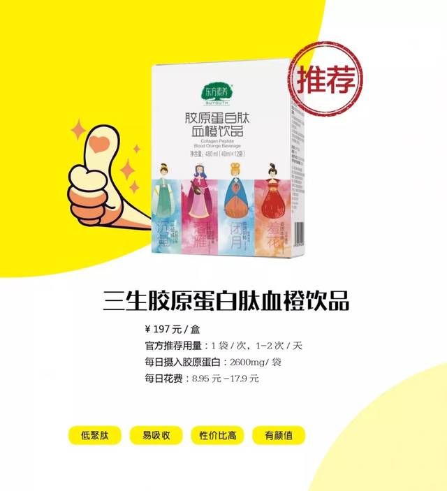 上,小编还是 优先推荐含量较高且 花费更少的三生胶原蛋白肽血橙饮品