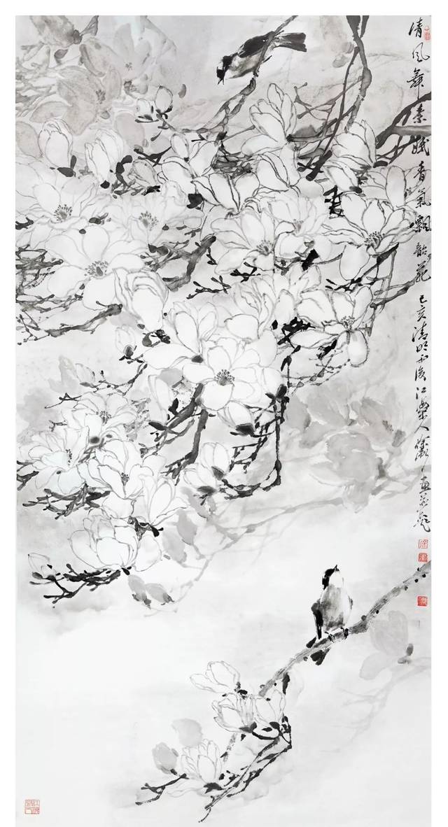 徐 卫 国画 《玉兰双鸣图》