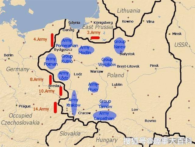 这幅地图展示了波兰战役前德波两军主要重兵集团的部署位置.