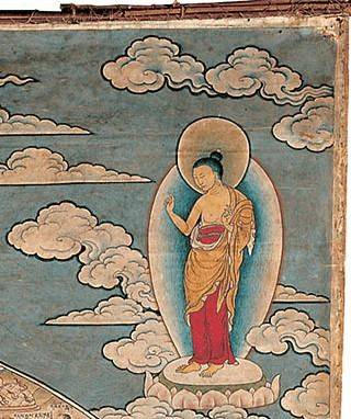 右上角的佛陀象征指路人,因为只有佛陀阐释了轮回苦及苦的根源,并指出