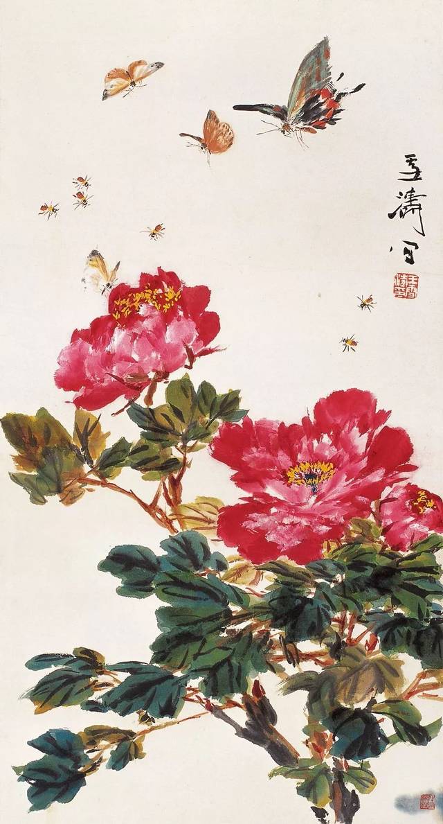 中国古美術・四尺中堂花鳥畫画掛軸・水彩画・王雪涛印款・書道