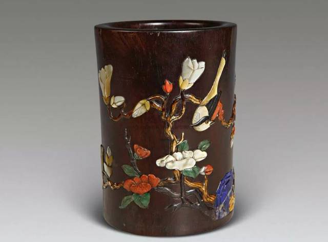 清 紫檀百宝嵌花鸟纹笔筒