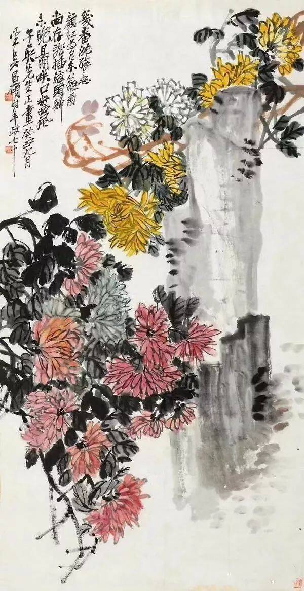 中国古美術・純手描き花卉図三尺画芯・水墨彩色画・呉昌碩印款・書道品・宣紙・带水印 看吴昌硕画菊，似乎感觉到秋风！_菊花