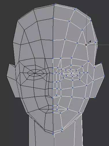 用"cut"切线命令在额头上切一条线,从顶视图调整头部的轮廓,如图
