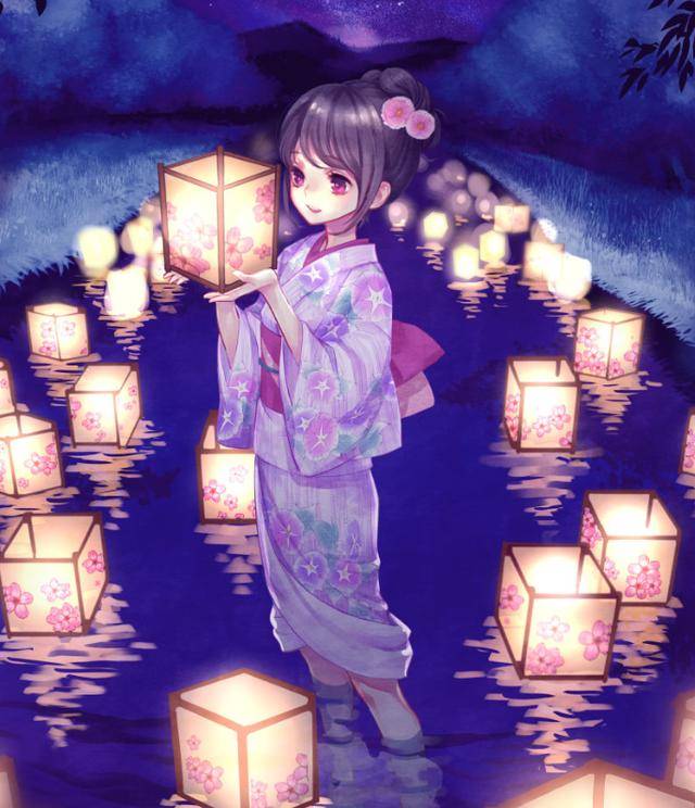 动漫美图:来自二次元的美少女,看灯赏逛夜市,不负年华!