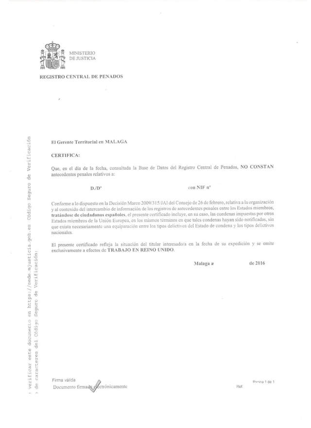 西班牙无犯罪记录证明/certificado de antecedentes penales