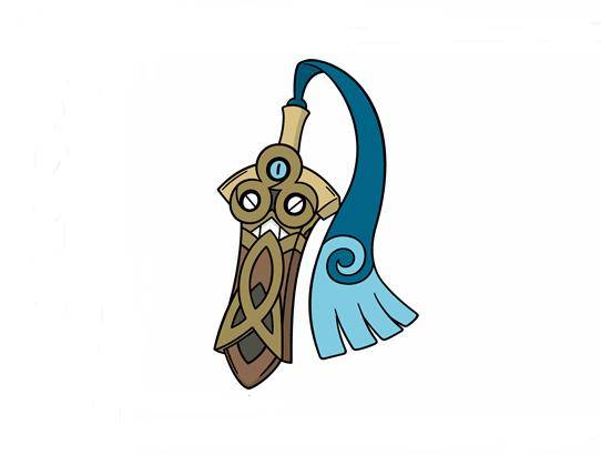 剑,剑身外面套着一副剑鞘,剑鞘呈棕色,上有纹路一张鬼脸似的图案,剑镡