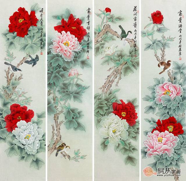 名家工笔牡丹画欣赏：羽墨的牡丹四条屏作品《富贵满堂》_搜狐网