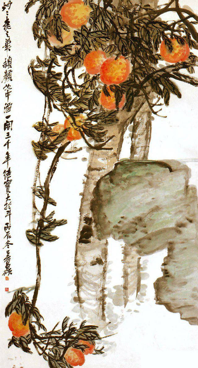 中国画 模写 吳昌碩［桃］紙本 肉筆 木箱無し！ 中国画 模写 吳昌碩