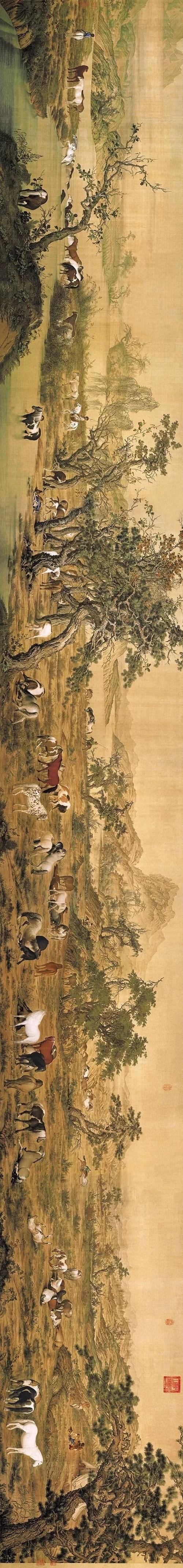 中国美術 清朝 朗世寧 百駿圖 百馬絵 希少 美術品 長さ275cm - 絵画