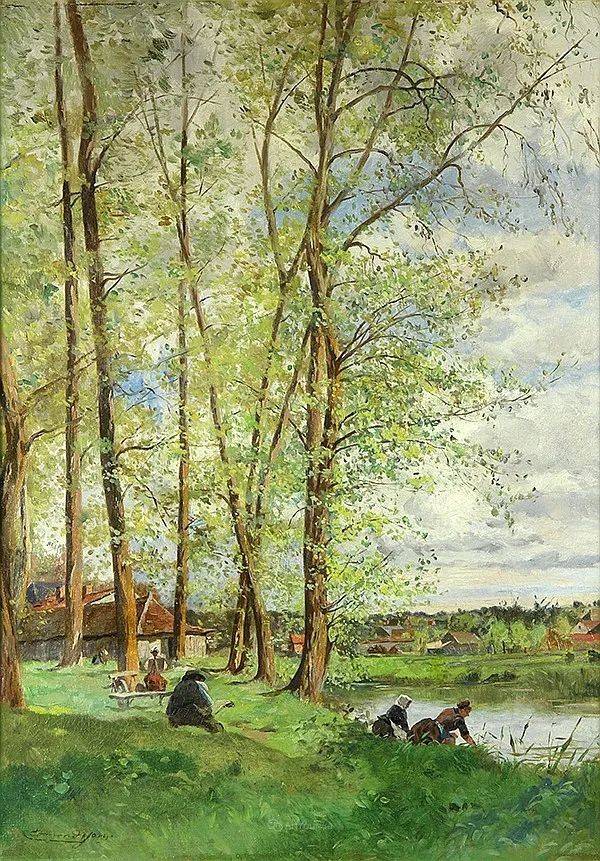 河边的风景~法国画家埃德蒙·查尔斯·约瑟夫·杨风景油画作品欣赏