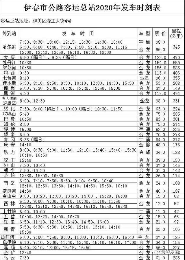 便民伊春市公路客運總站發車時刻表公路客運總站公交線路