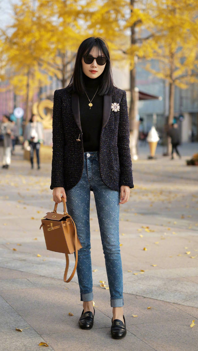 美女穿西装搭配牛仔裤,帅气与妩媚并存,刚柔并济之美真耐看