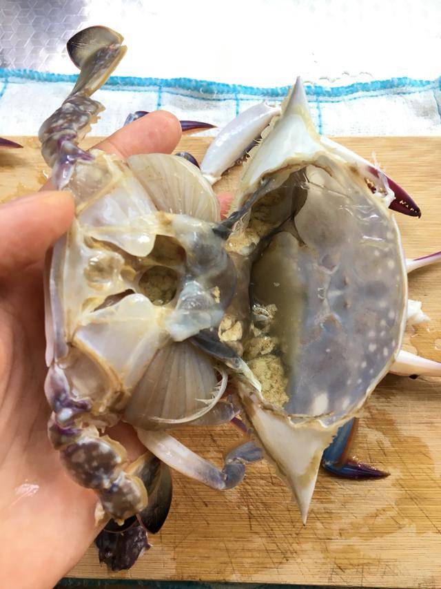 将洗净的梭子蟹掰开,蟹壳放在一边备用.