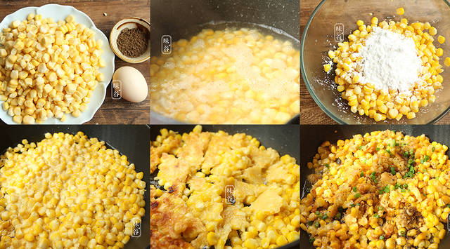 【小提示】: 如果不喜欢油多,也可适当减少油量,慢慢将玉米粒煎熟.