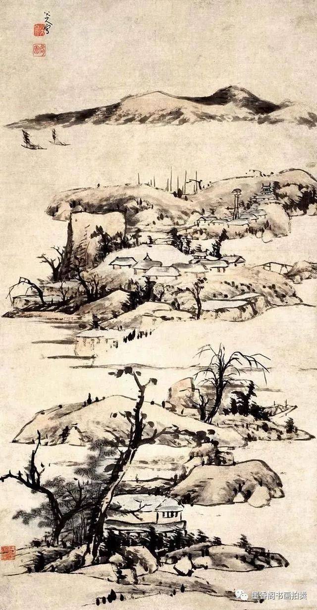 中国古画 水墨画 倪瓒 山水図 水墨画 複製 印章多数 中国書画 朱耷仿倪瓒史上最贵山水画赏析_搜狐网