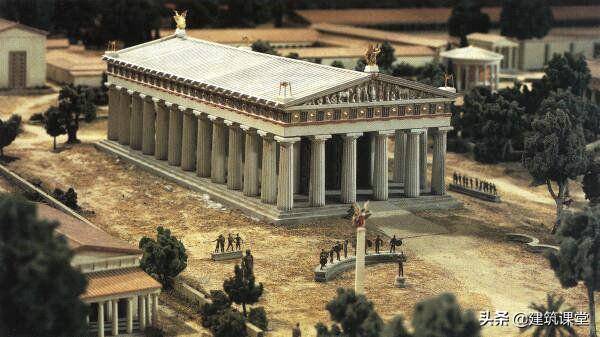 图 希腊神庙复原,仔细看房顶的椽头,明显也是用石头仿的木造建筑