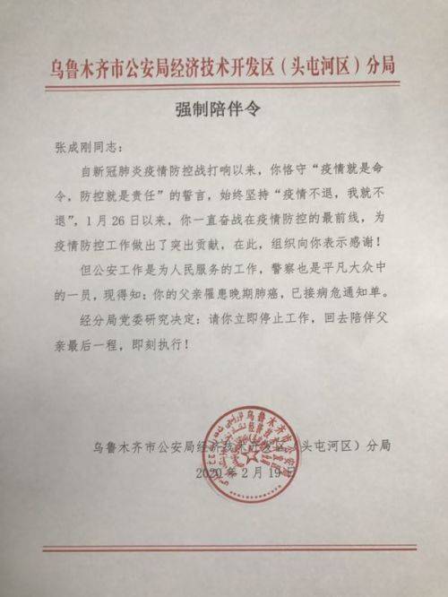 区)公安分局政委王向东向东山坡派出所民警张成刚宣读《强制陪伴令》
