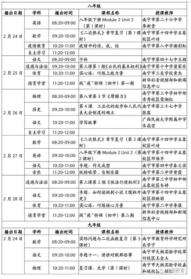 ​广西中小学“空中课堂”课表（2.24（最新发布）