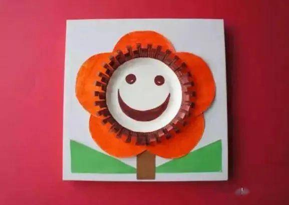 纸盘笑脸花准备材料:剪刀,透明胶水,彩色笔,白色纸板,不同颜色的彩色