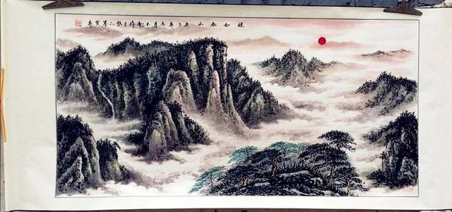 屏風、山水画、松嶺筆水墨画-