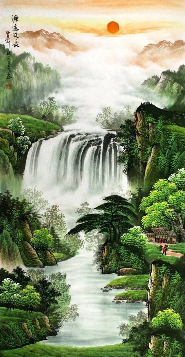 下面这个山水画里的水,属外流还是内流,挂在入户门的对面墙上可以吗?