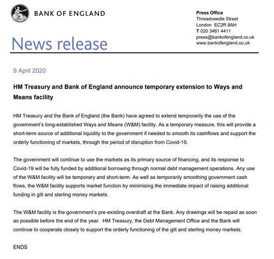英国央行宣布：将在市场面临压力时向财政部提供资金