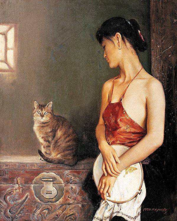 画院老教授潘鸿海人体油画中那些身穿红肚兜的东方女孩