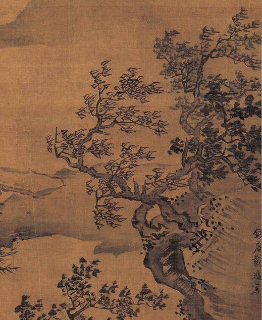 明 戴进《风雨归舟图》(局部) 风雨气氛十分浓厚.