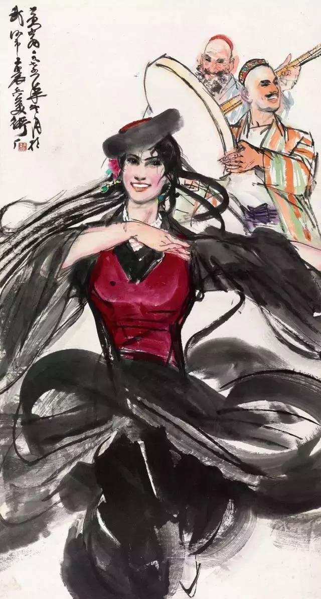 L20676 中国 落款：黄胃(黄胄) 「婦人画」 美人画 人物画 掛軸 紙本