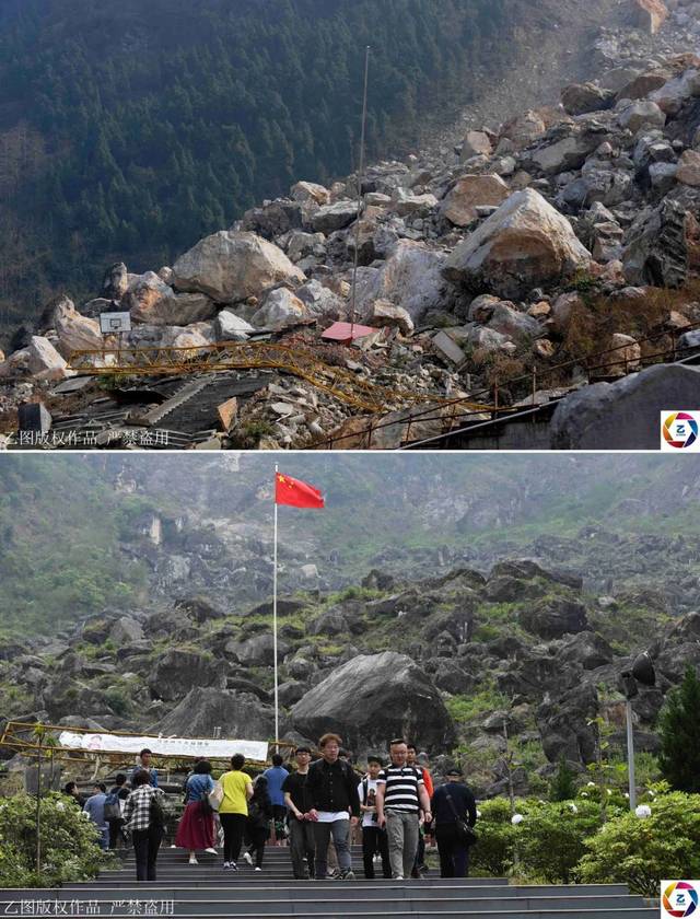 图为地震发生后,北川初中被泥石流淹没,如今国旗依然飘扬在旗杆上.