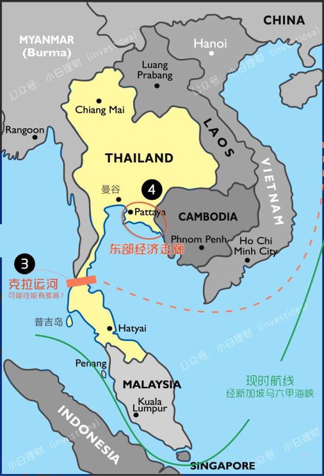 你说,把泰国硬生生挖出一条运河分割出明显的南北(红色虚线为开拓克拉