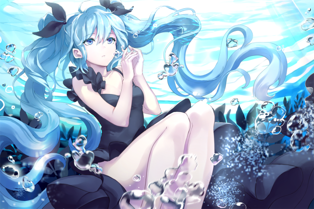 福利图哟 初音未来蓝色水中画风 高清动漫桌面壁纸图片