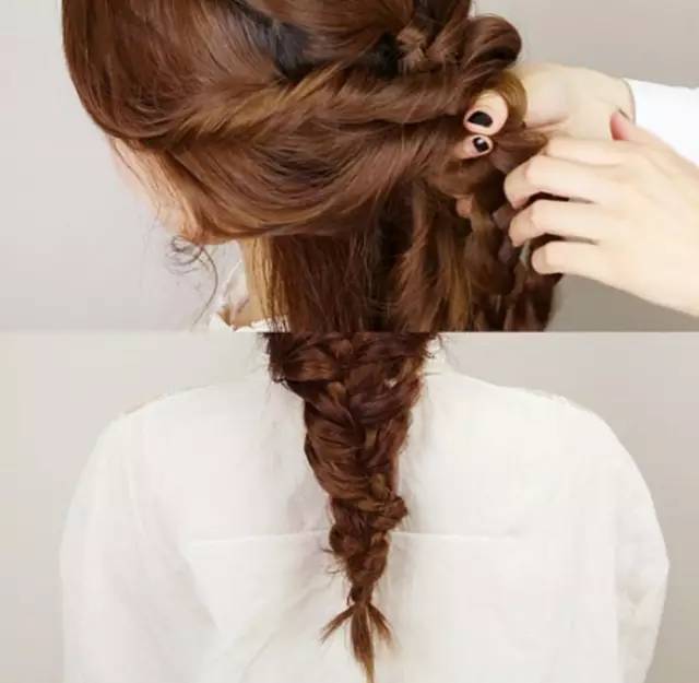 依序重复以上步骤,再把所有编进去的头发绑成辫子并刮蓬.